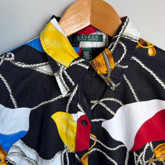 Lauren Ralph Lauren Nautical Sailing Flag Print Button Up Blouse Black Medium - Picture 5 of 15